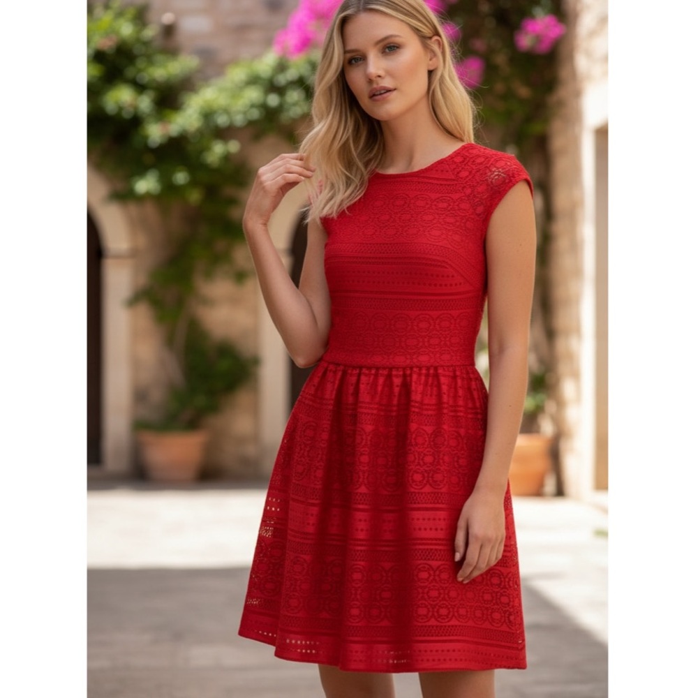 Buttons Lace Dress Size Medium Red